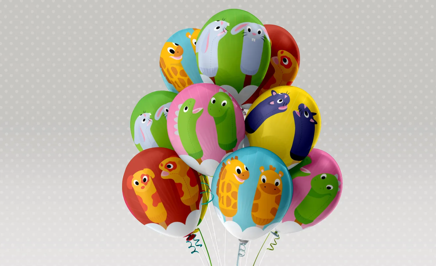 A bunch of balloons, each printed with a different Sputtens character
