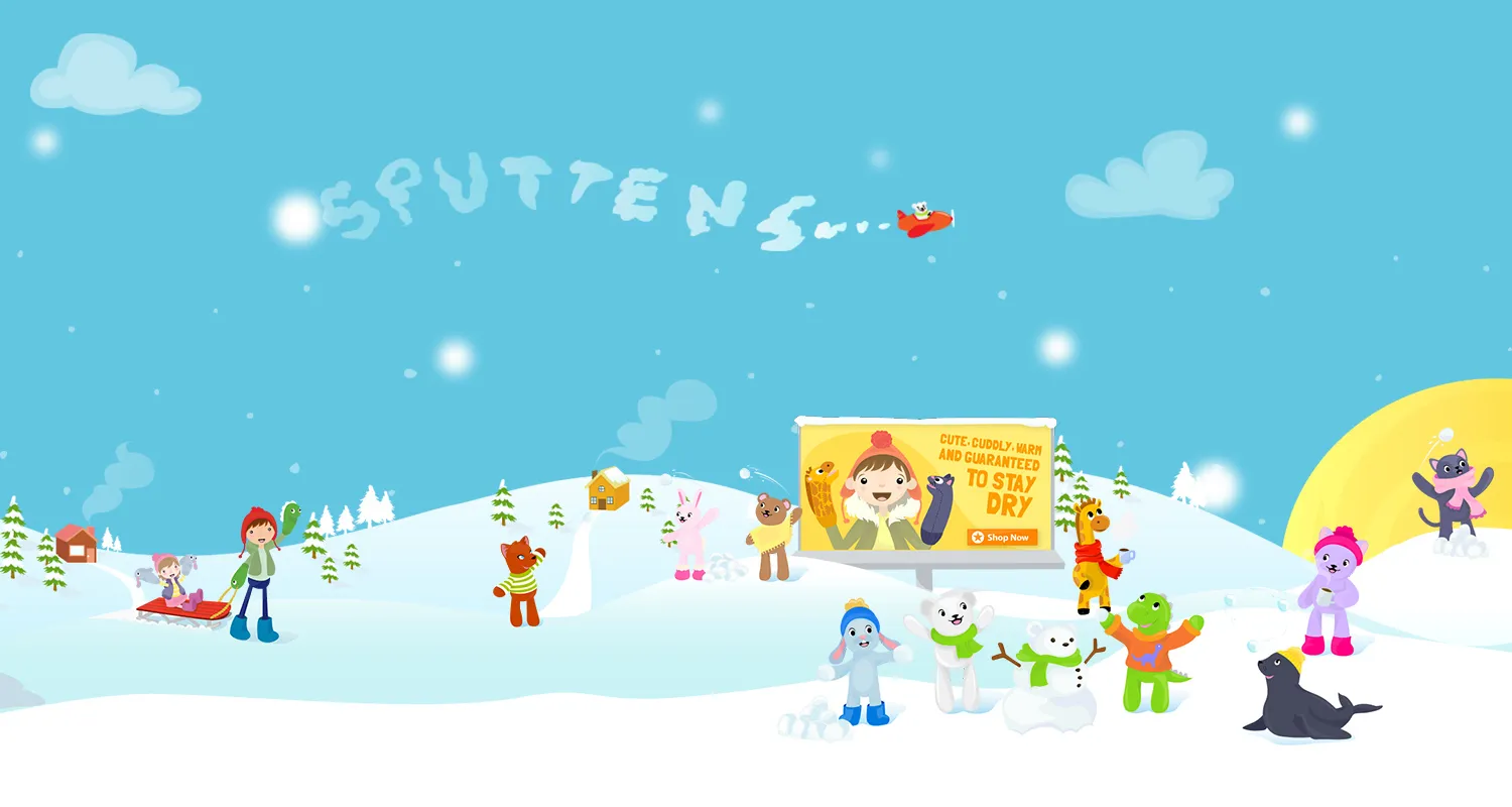 The Sputtens character world: a wide snowy illustrated scene with the full cast of characters playing, and SPUTTENS written in the sky