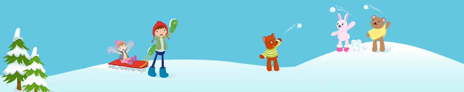 A wide band of the illustrated world: children sledding and characters playing across a snowy landscape