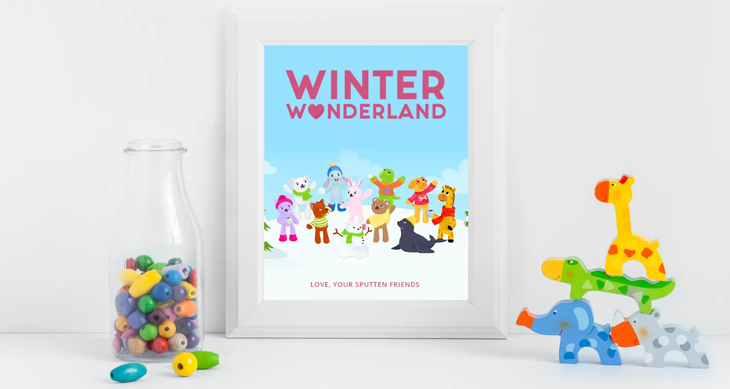 A framed Winter Wonderland print showing the full Sputtens cast lined up together: bears, bunnies, a giraffe, a dinosaur, a seal, a cat and more