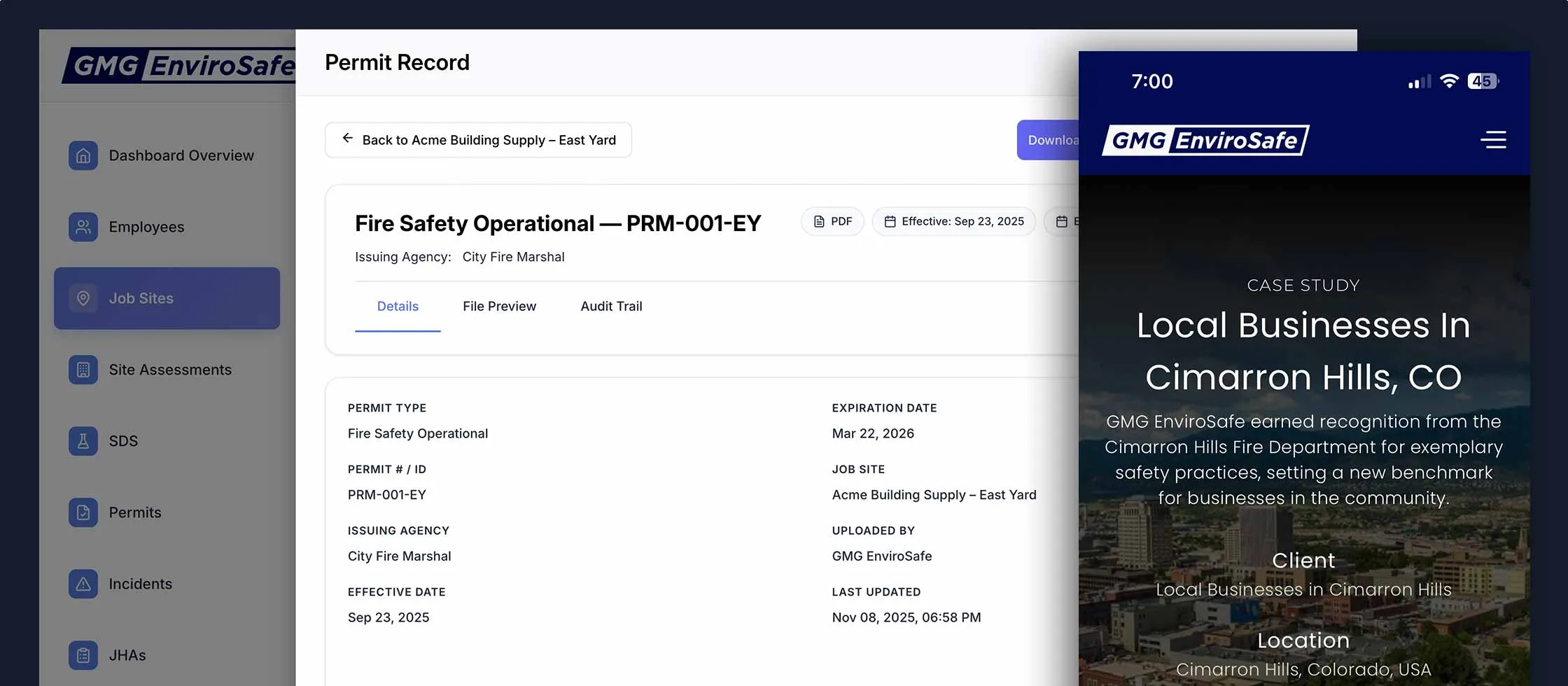 GMG EnviroSafe EHS dashboard permit record with the full navigation and permit detail, beside a mobile field view of a customer case study
