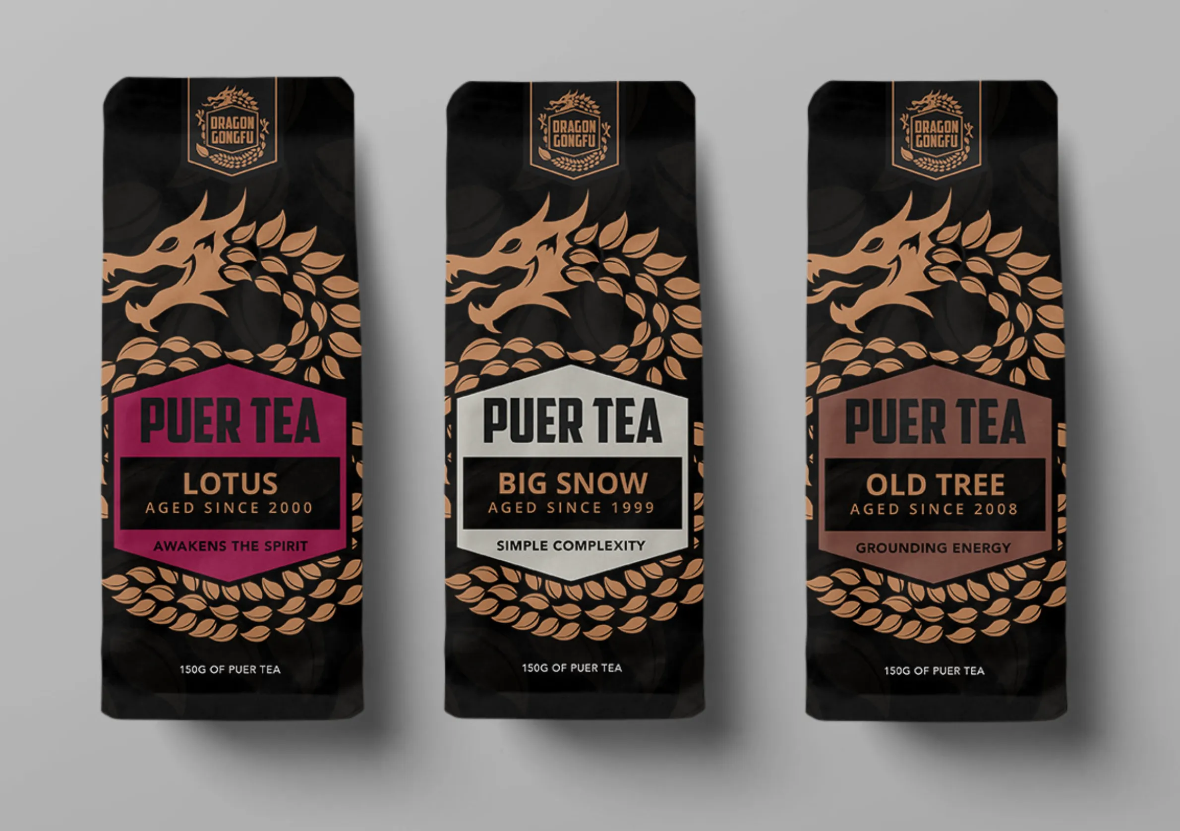 Three Dragon Gongfu Puer Tea packages designed by Keeks: Lotus, Big Snow, and Old Tree